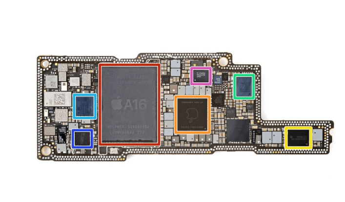 拆解苹果14pro max 内部主要器件：黄色 Apple 338S00839-B0 电源管理IC