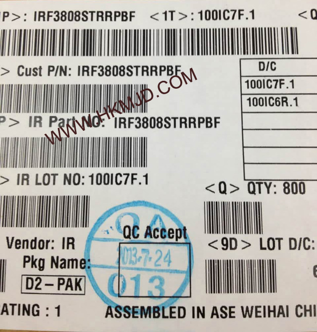 功率MOSFET IRF3808STRRPBF IRF3808 N 通道 表面贴装型  75 V 106A